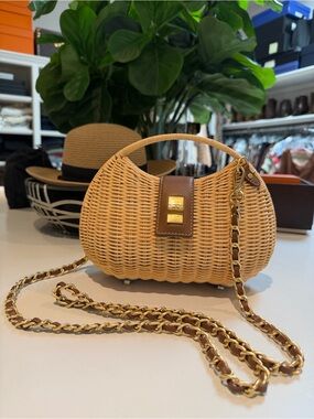 J. McLaughlin Wicker Crossbody in Tan with Gold Chain